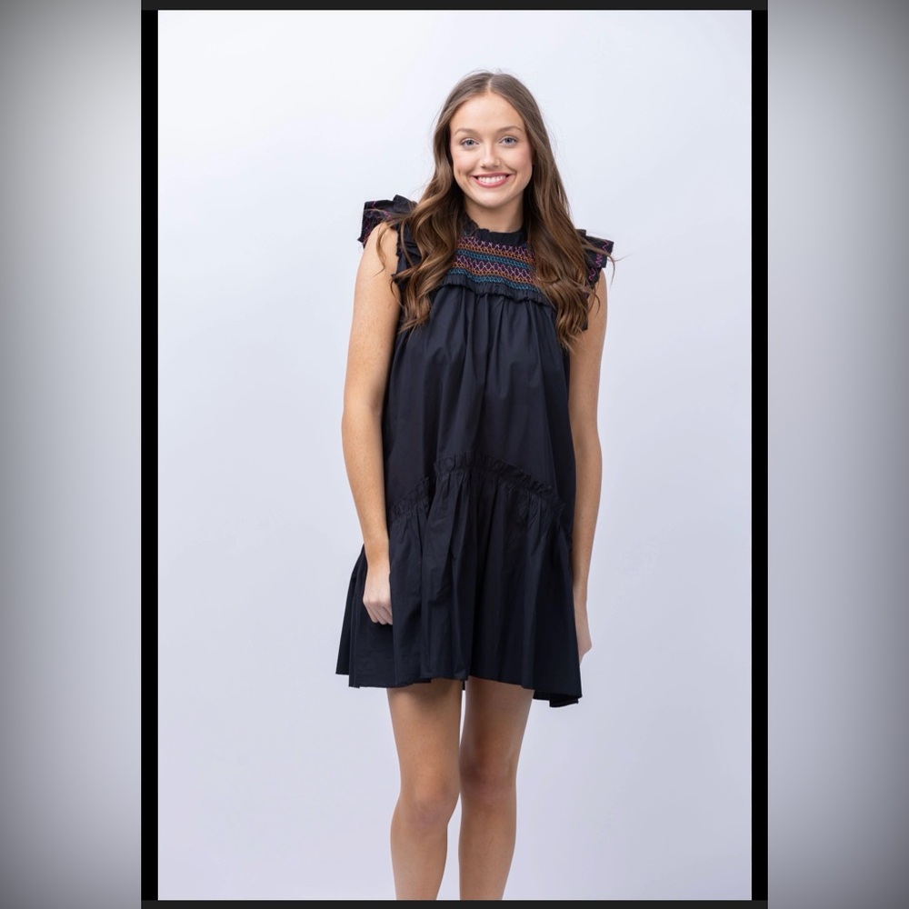 Love The Label Poppy Dress in Black Multi Smocked Size Medium flutter sleeve